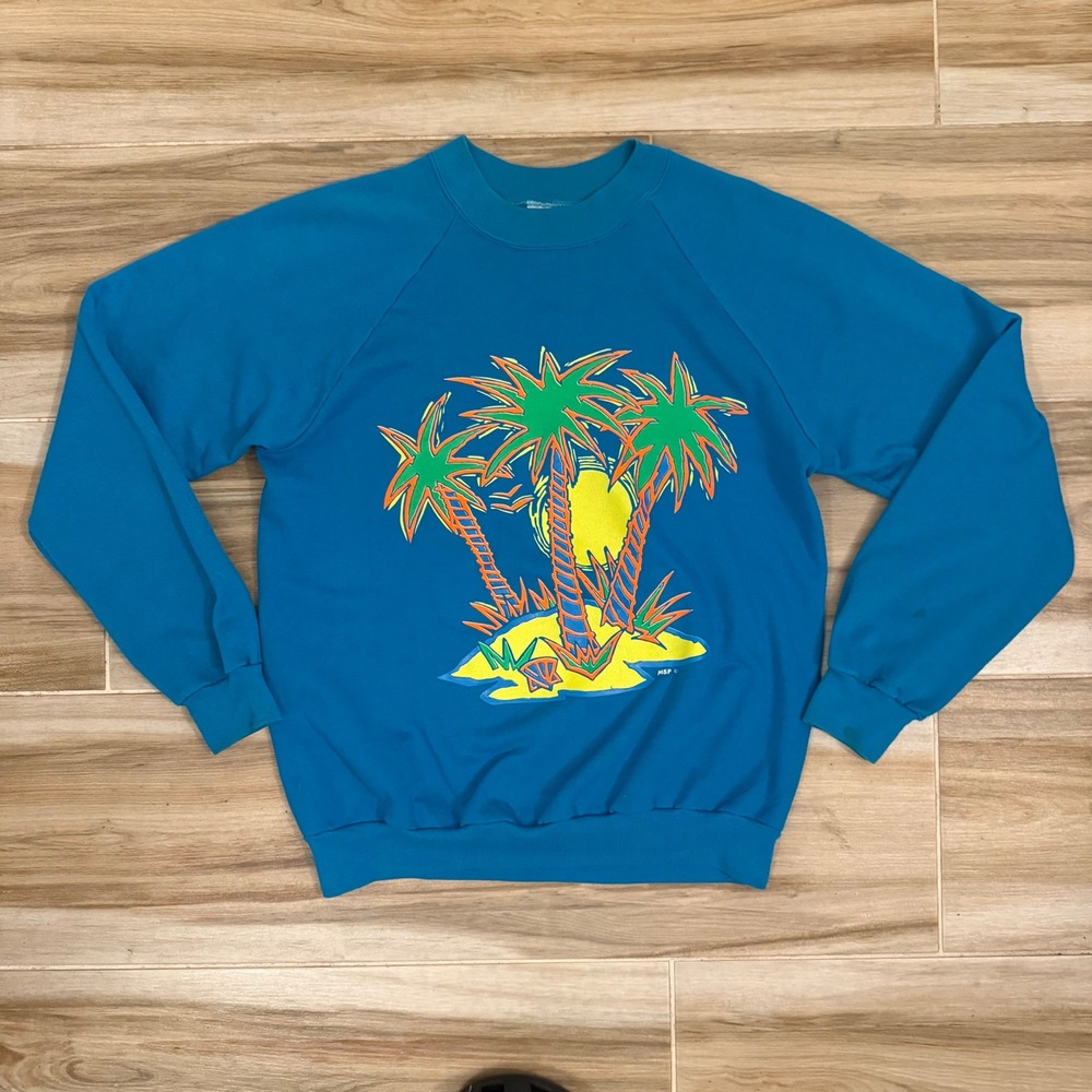 Vintage Tee Jays Turquoise Palm Tree Graphic Sweatshirt Mens Medium 80s Made USA